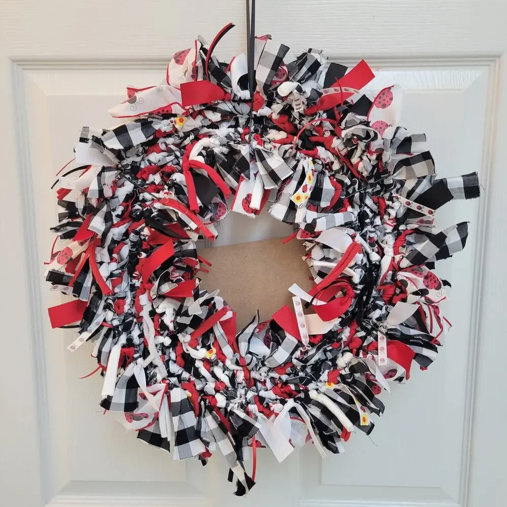 Cute as a Bug Handcrafted Rag Wreath Black White Red Ladybugs, 16